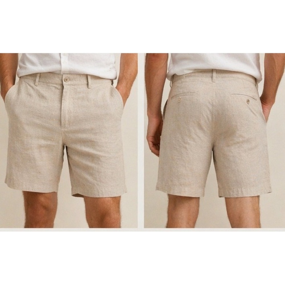 Mango MNG Sustainable Linen Shorts Mens Beige Oatmeal Summer Beach Casual Sz 34